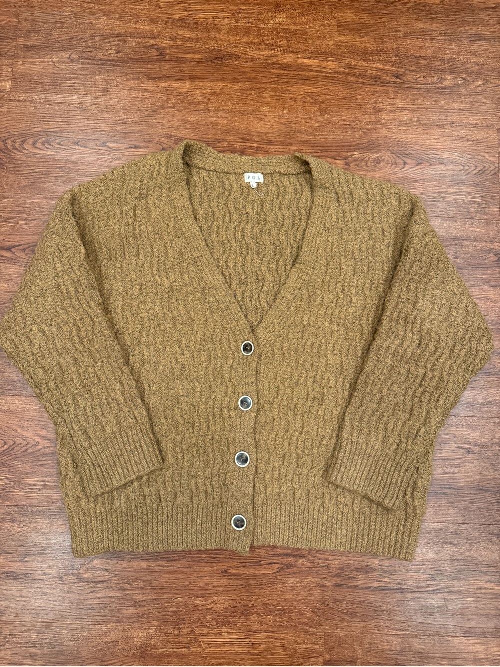 POL Men's Olive Cable-Knit Button Cardigan